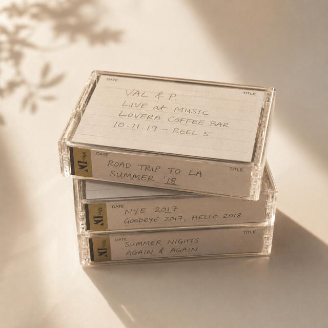 A warm stack of labelled MiniDV cassette cases on a table.