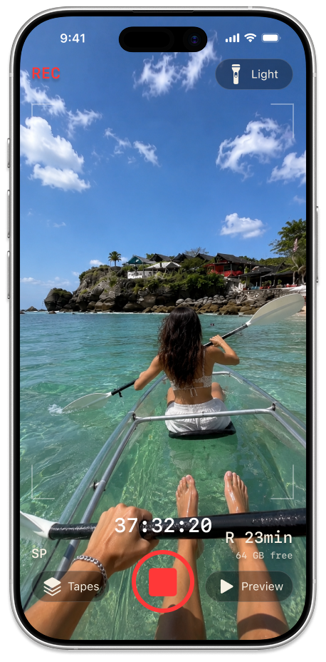 Playhead Recorder screen with viewfinder controls over a beach video.